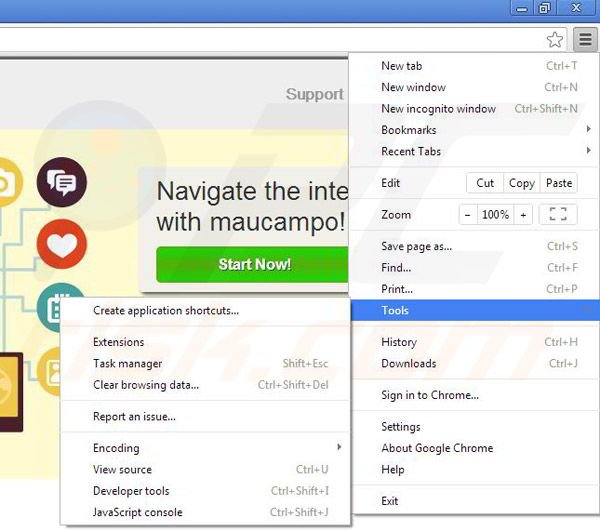 Removing Maucampo from Google Chrome step 1