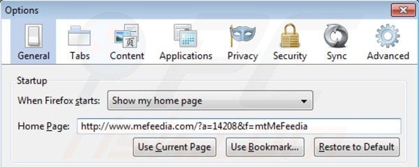 Removing mefeedia from Mozilla Firefox homepage