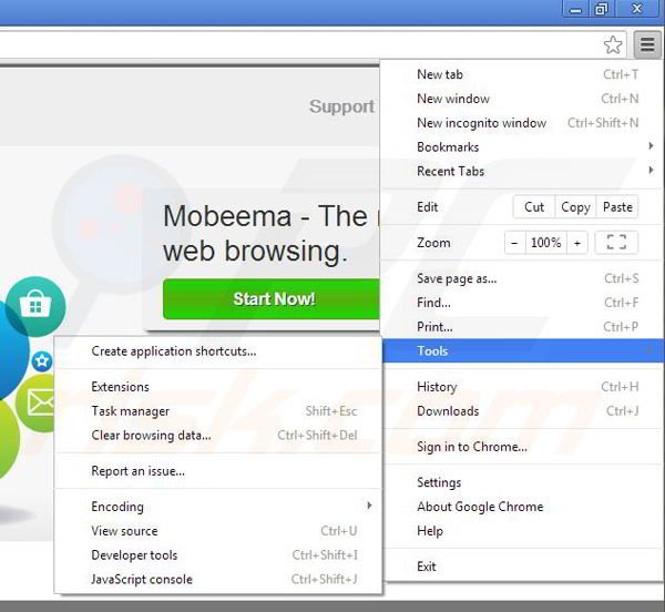 Removing Mobeema from Google Chrome step 1