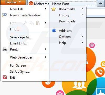 Removing Mobeema from Mozilla Firefox step 1