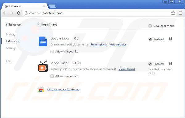 Removing Mood Tube from Google Chrome step 2