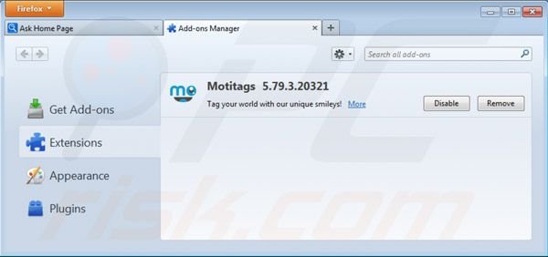 Removing motitags toolbar from Mozilla Firefox extensions step 2