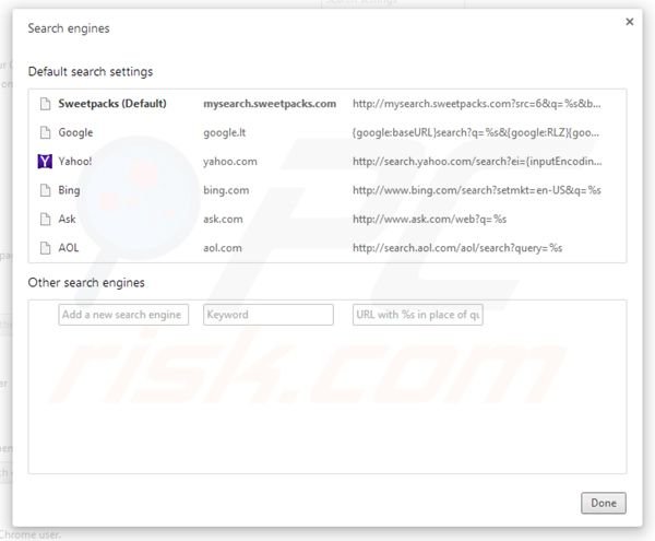 Removing mysearch.sweetpacks.com from Google Chrome default search engine settings
