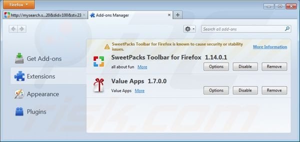 Removing mysearch.sweetpacks.com from Mozilla Firefox extensions