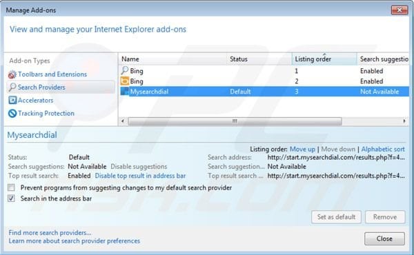 Removing mysearchdial.com from Internet Explorer default search engine settings