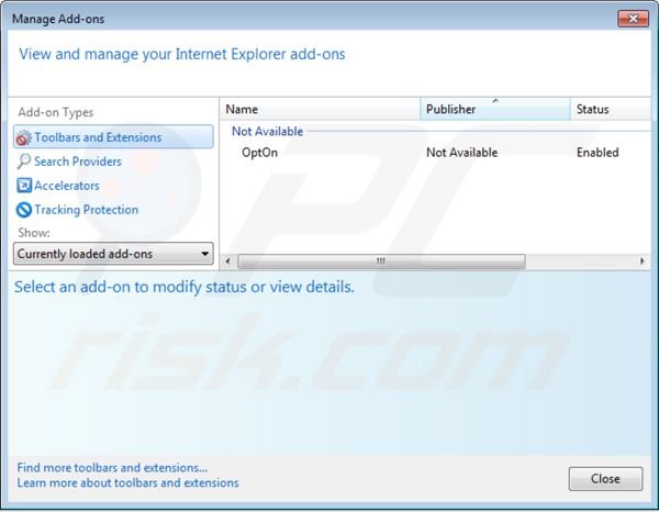Removing Opton add-on from Internet Explorer step 2