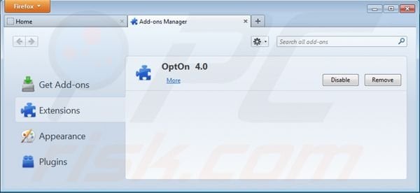 Removing opton add-on from Mozilla Firefox step 2