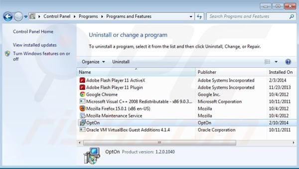 Opton adware uninstall using Control Panel