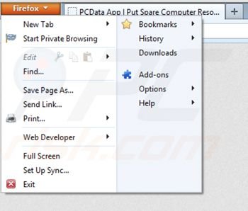 Removing PC data app from Mozilla Firefox step 1
