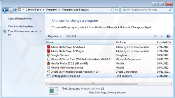 Pirrit Suggestor uninstall using Control Panel