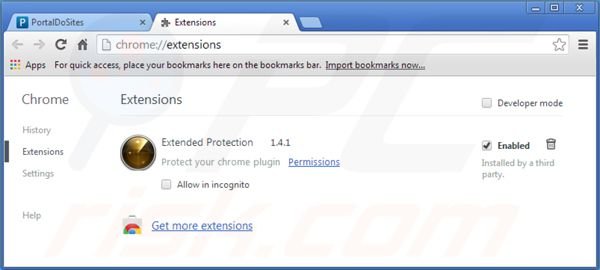Removing portaldosites.com related Google Chrome extensions
