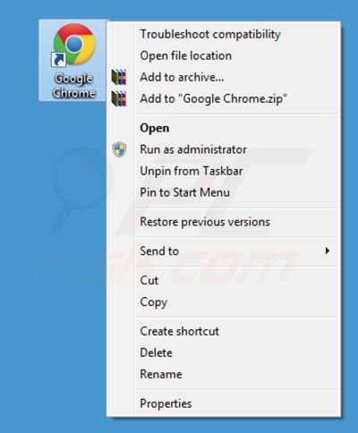 Removing portaldosites.com from Google Chrome shortcut target step 1