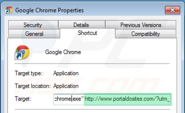 Removing portaldosites.com from Google Chrome shortcut target step 2