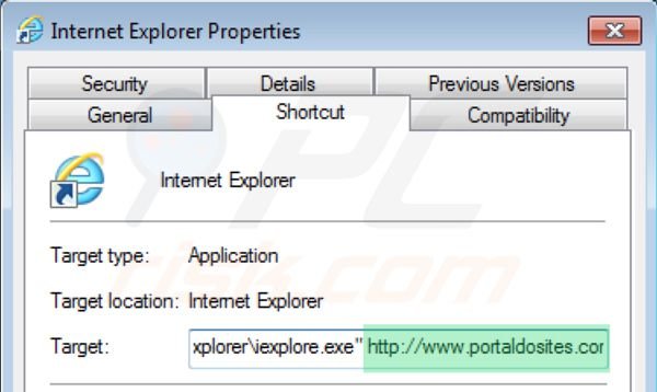 Removing portaldosites.com from Internet Explorer shortcut target step 2