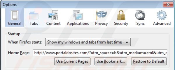 Removing portaldosites.com from Mozilla Firefox homepage