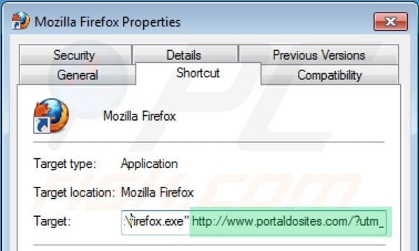 Removing portaldosites.com from Mozilla Firefox shortcut target step 2