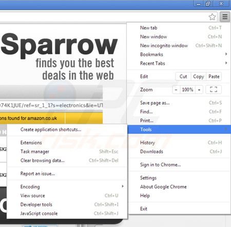 Removing Price Sparrow ads from Google Chrome step 1