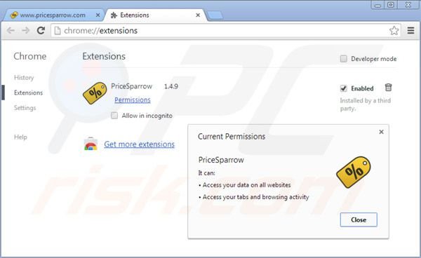 Removing Price Sparrow ads from Google Chrome step 2