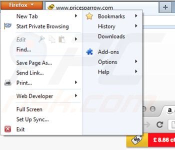 Removing Price Sparrow ads from Mozilla Firefox step 1