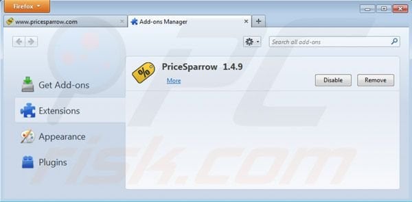 Removing Price Sparrow ads from Mozilla Firefox step 2