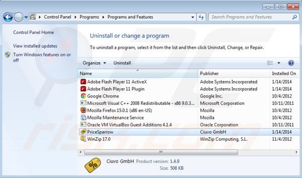 Price Sparrow uninstall from Control Panel
