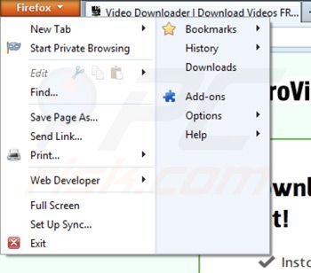 Pro video downloader removal from Mozilla Firefox extensions step 1