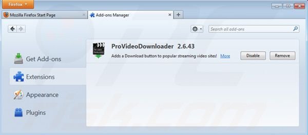 Pro video downloader removal from Mozilla Firefox extensions step 2