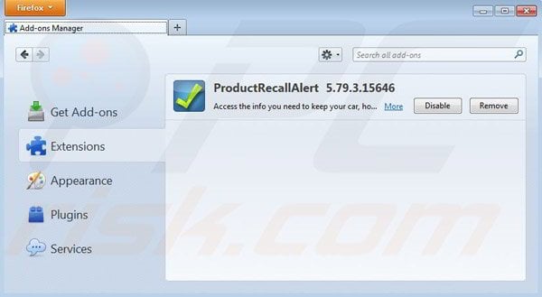 Removing ProductRecallAlert toolbar from Mozilla Firefox step 2