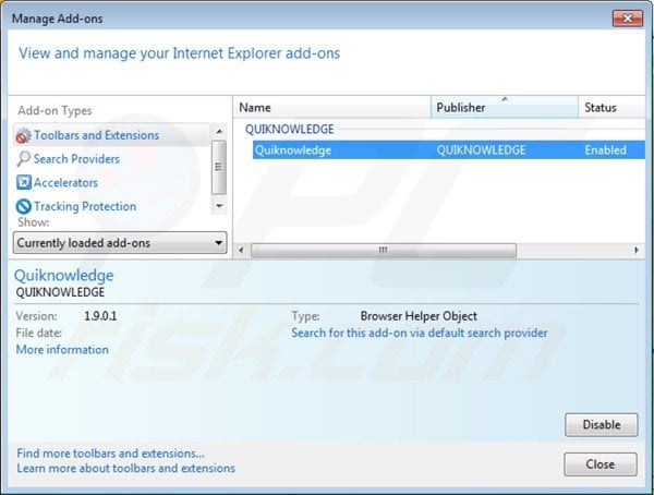 Removing ads by quiknowledge from Internet Explorer step 2