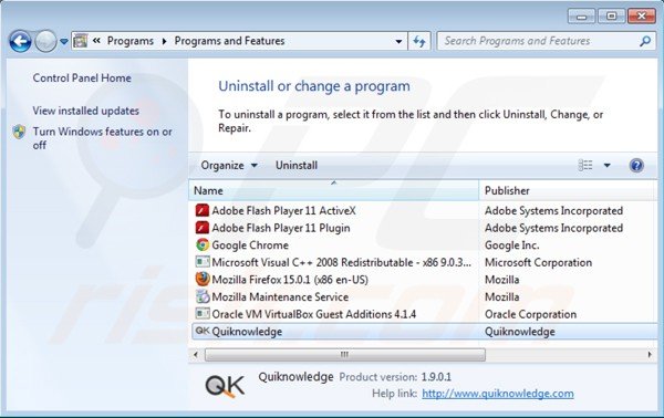 Ads by quiknowledge uninstall via Control Panel