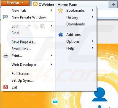 Removing QWebber from Mozilla Firefox step 1