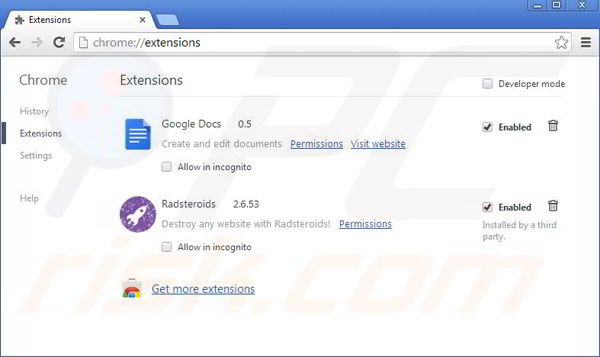 Removing Radsteroids from Google Chrome step 2