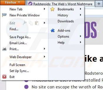 Removing Radsteroids from Mozilla Firefox step 1