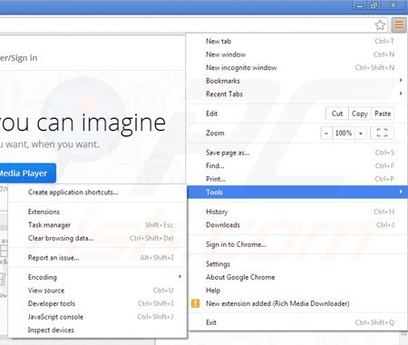 Removing Rich Media Player from Google Chrome step 1