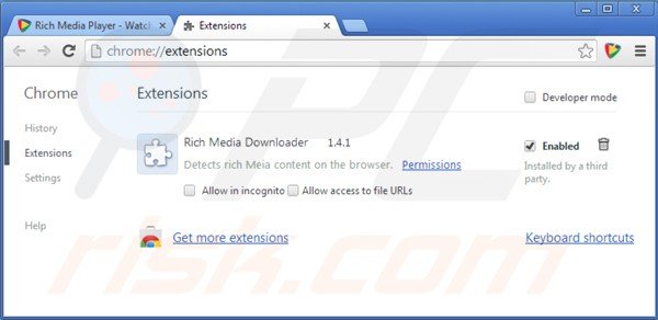 Removing Rich Media Player from Google Chrome step 2