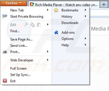 Removing Rich Media Player from Mozilla Firefox step 1