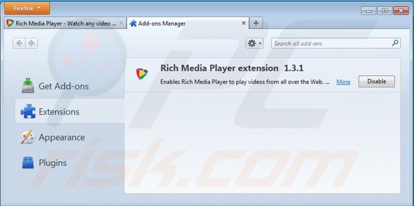 Removing Rich Media Player from Mozilla Firefox step 2