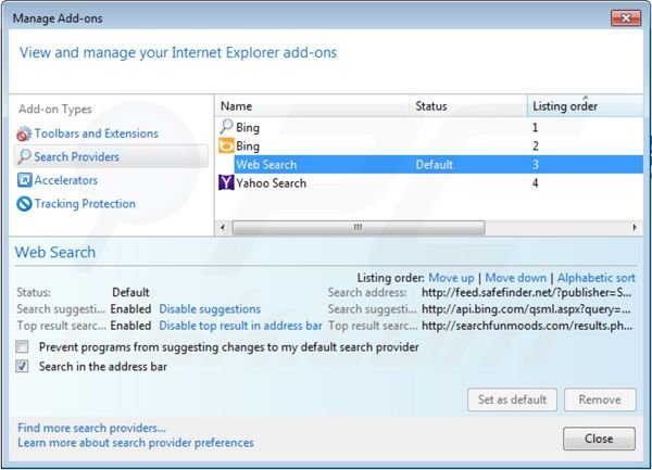 Removing isearch.safefinder.net from Internet Explorer default search engine settings