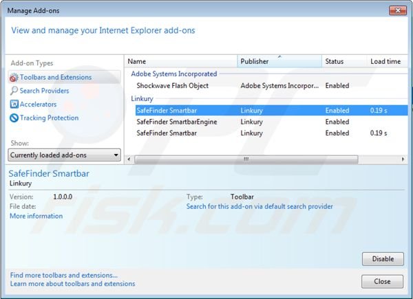 Removing isearch.safefinder.net from Internet Explorer extensions