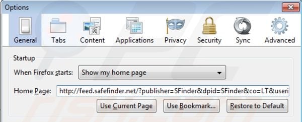 Removing isearch.safefinder.net from Mozilla Firefox homepage