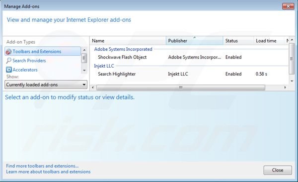 Removing Search Highlighter from Internet Explorer extensions step 2