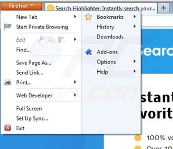 Removing Search Highlighter from Mozilla Firefox extensions step 1