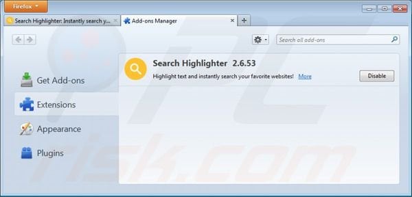 Removing Search Highlighter from Mozilla Firefox extensions step 2