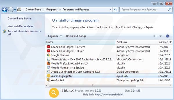 Search Highlighter uninstall from Control Panel