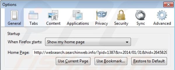 Removing websearch.searchinweb.info from Mozilla Firefox homepage