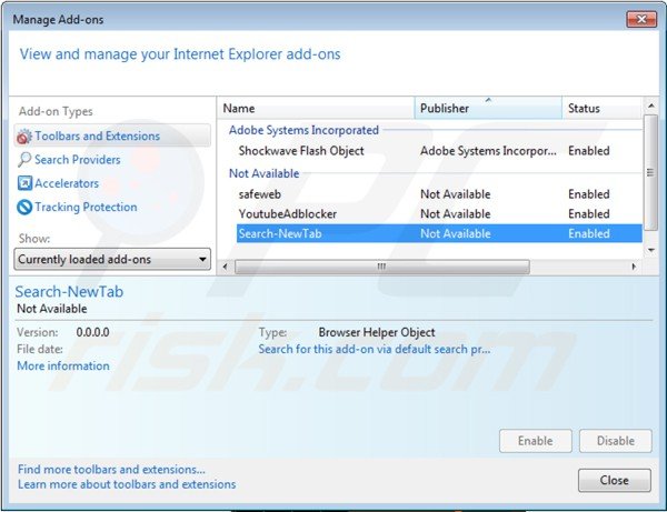 Removing websearch.searchsun.info related extensions from Internet Explorer