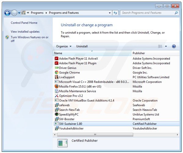 Uninstalling websearch.searchsun.info via Control Panel