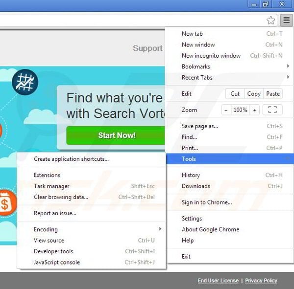 Removing Search Vortex from Google Chrome step 1