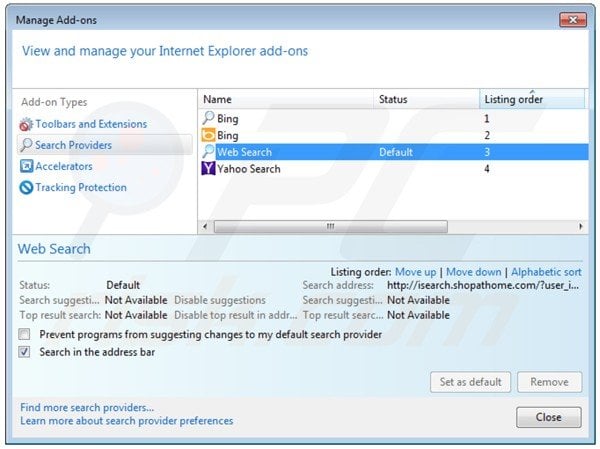 Removing shopathome.com from Internet Explorer default search engine