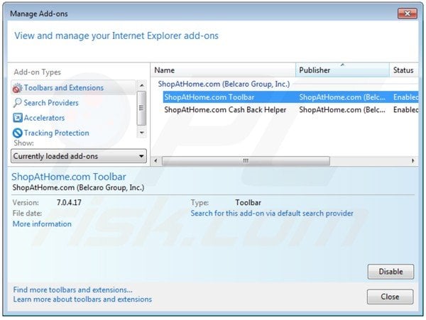 Removing shopathome toolbar from Internet Explorer extensions